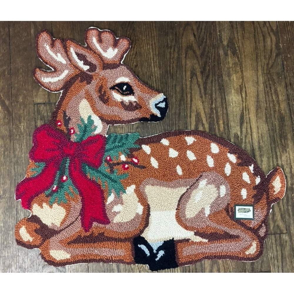 26" Deer Shaped Christmas Rug With Red Bow - Collections Etc.